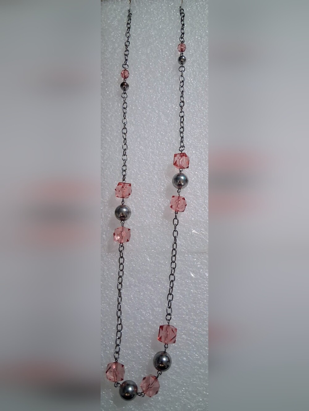 Elegant Pink Crystal and Metallic Bead Long Necklace